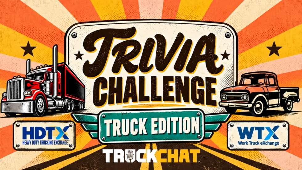 Retro-style Truck Trivia Challenge thumbnail featuring a red semi-truck and vintage orange pickup truck against an orange and yellow sunburst background. Large text reads “Trivia Challenge” and “Truck Edition,” with Heavy Duty Trucking Exchange (HDTX) and Work Truck Exchange (WTX) logos at the bottom.