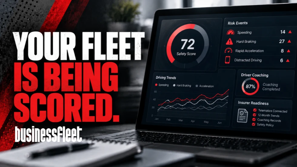 Editorial graphic featuring a fleet safety dashboard displaying a driver safety score, speeding and hard braking alerts, driving trends, and coaching completion rates. Bold red and white text reads "Your Fleet is Being Scored."
