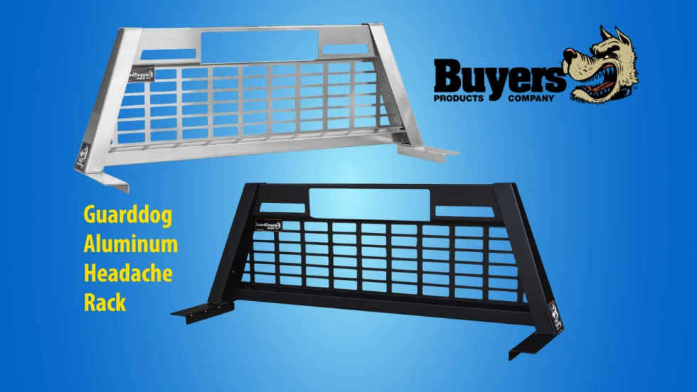 Buyers Products Company Guarddog aluminum headache racks displayed in silver and black finishes against a blue background, featuring protective metal grid designs for pickup truck rear windows.