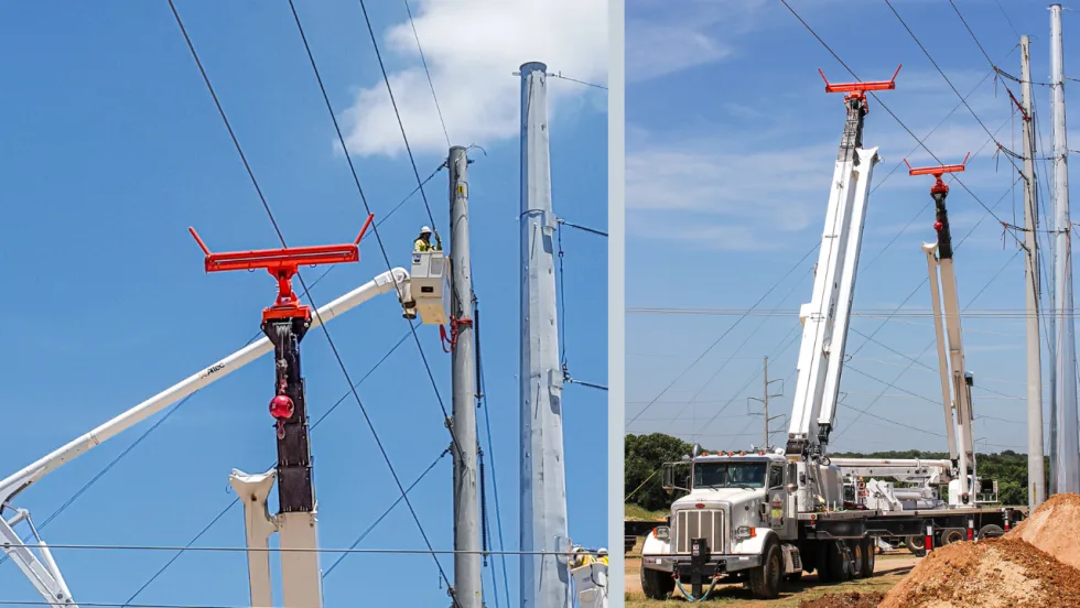Two views of utility crews using truck-mounted aerial lifts and specialized red equipment to work on overhead power lines near tall utility poles under a clear blue sky.