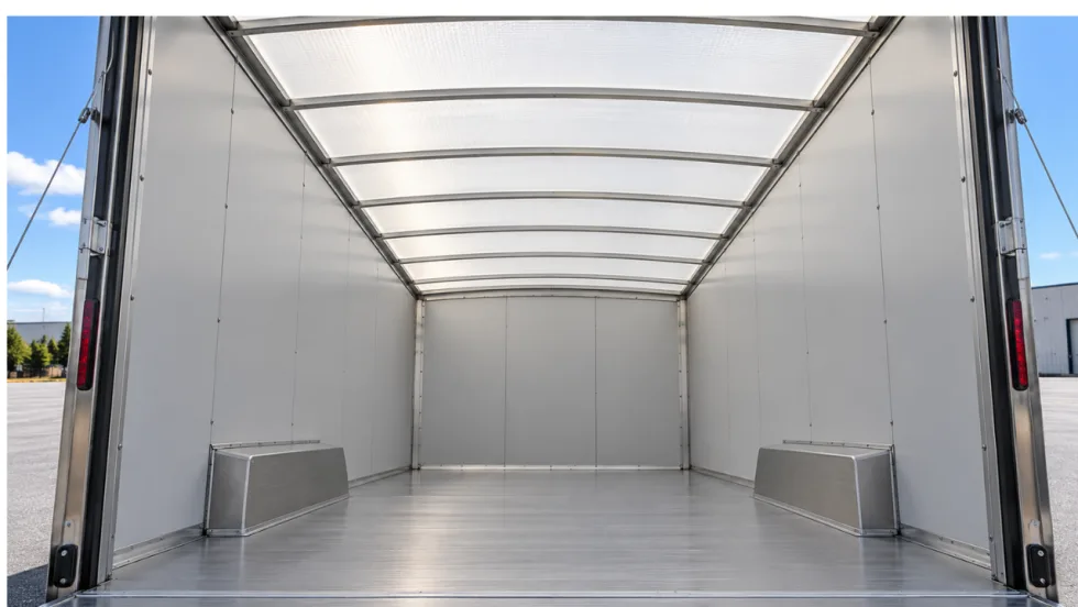 Interior view of an empty commercial cargo truck body featuring smooth aluminum flooring, white sidewalls, enclosed wheel wells, and a translucent roof designed to allow natural light into the cargo area.