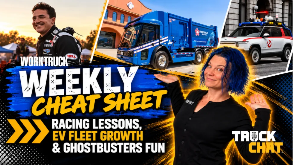 alt image text for accessibility Work Truck Weekly Cheat Sheet thumbnail featuring Lauren Fletcher, race car driver Isaac Johnson, a blue Republic Services electric refuse truck, and a Ghostbusters-themed Rivian SUV. Text highlights racing lessons, EV fleet growth, and Ghostbusters fun.