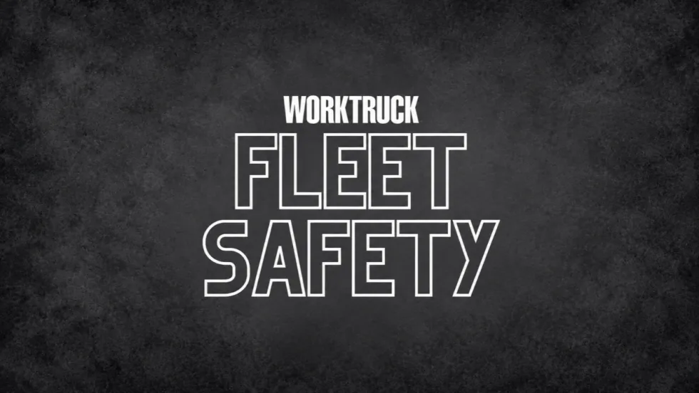 Work Truck Fleet Safety graphic with white outlined lettering on a textured charcoal background.