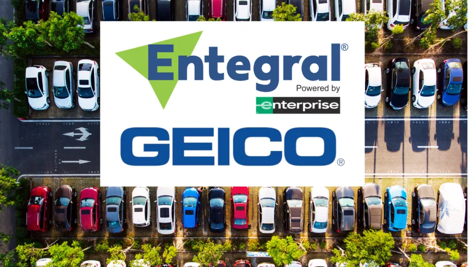 Aerial view of a parking lot filled with vehicles, overlaid with the Entegral, Powered by Enterprise, and GEICO logos, highlighting the companies’ connection to automotive and fleet services.