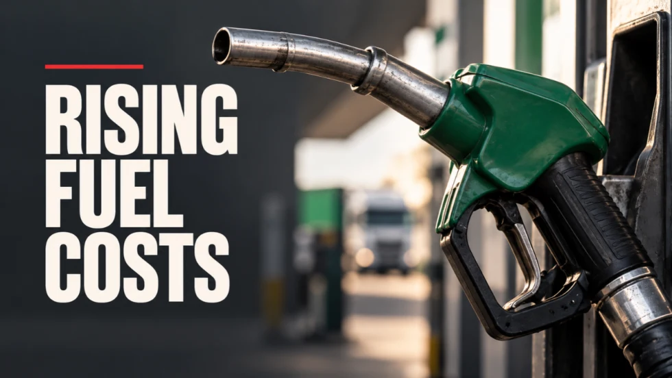 Green fuel nozzle at a fueling station beside bold white text reading “Rising Fuel Costs.”