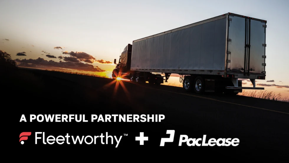 Fleetworthy and PacLease partnership graphic featuring a semi-truck hauling a box trailer at sunset, with the headline “A Powerful Partnership” and both company logos displayed below.