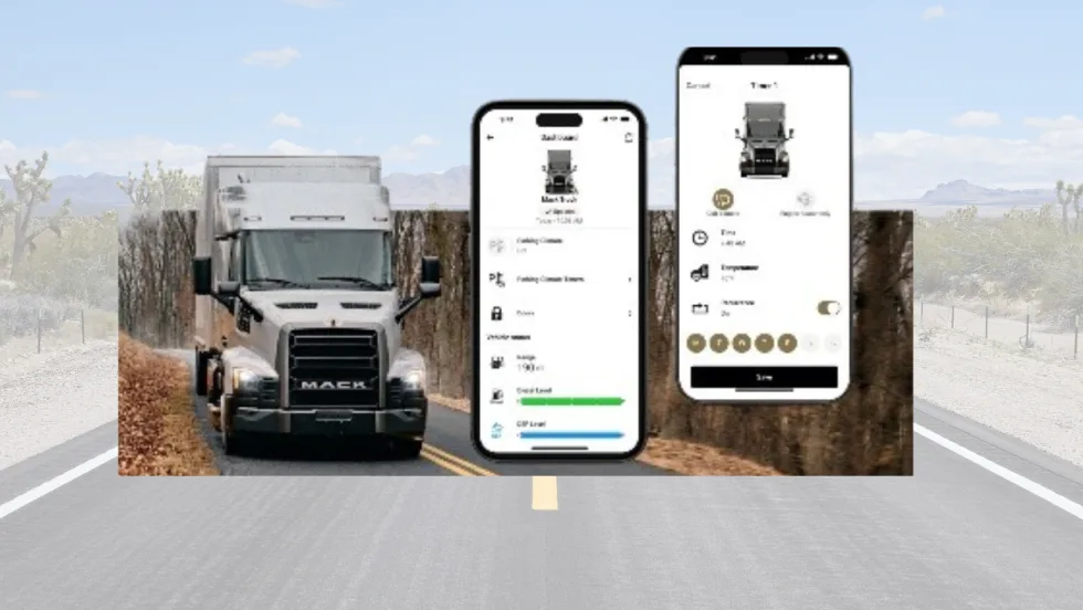 Promotional graphic featuring a Mack box truck on a road alongside two smartphone screens displaying the My Mack app’s vehicle information, maintenance status, and truck management features against a desert highway background.