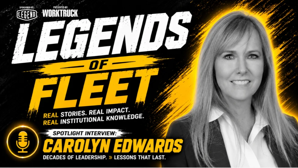 Black-and-white portrait of Carolyn Edwards on a Legends of Fleet video thumbnail, presented by Work Truck and sponsored by Legend.