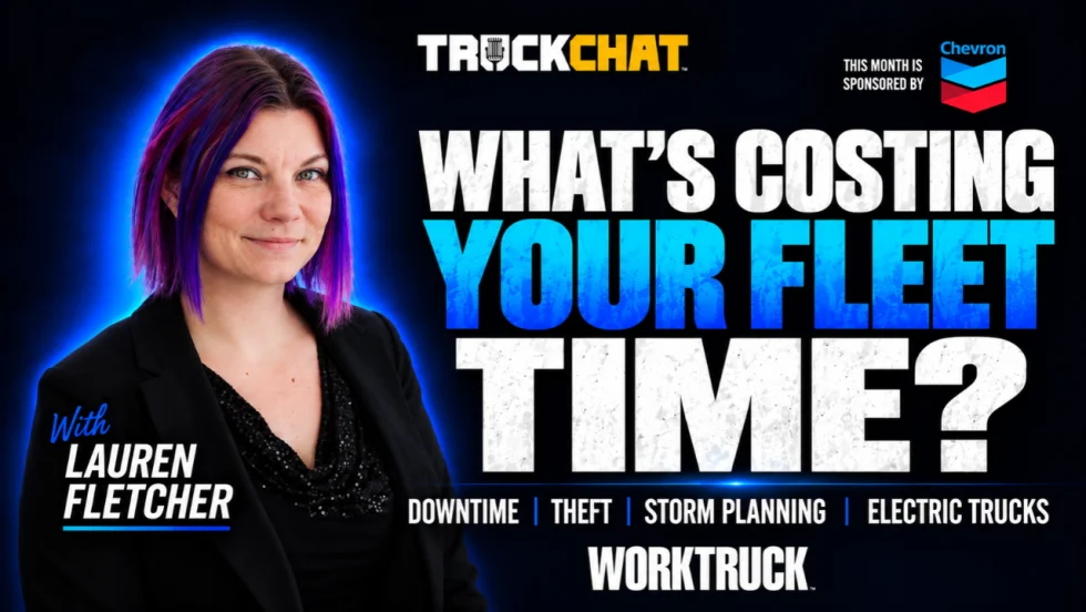 Truck Chat thumbnail featuring Lauren Fletcher beside the headline “What’s Costing Your Fleet Time?” Topics include downtime, theft, storm planning, and electric trucks. Sponsored by Chevron.