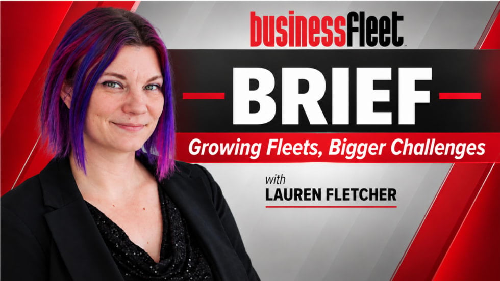 Business Fleet Brief video thumbnail featuring host Lauren Fletcher on the left, with bold red, black, and white graphics on the right displaying the Business Fleet Brief logo and the episode theme, “Growing Fleets, Bigger Challenges.”