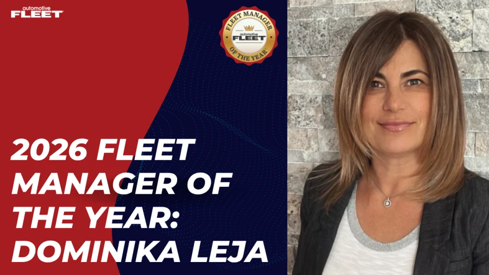 A headshot of Dominika Leja on the right with Fleet Manager of the Year text on the left, all with a blue and red background and the Automotive Fleet logl