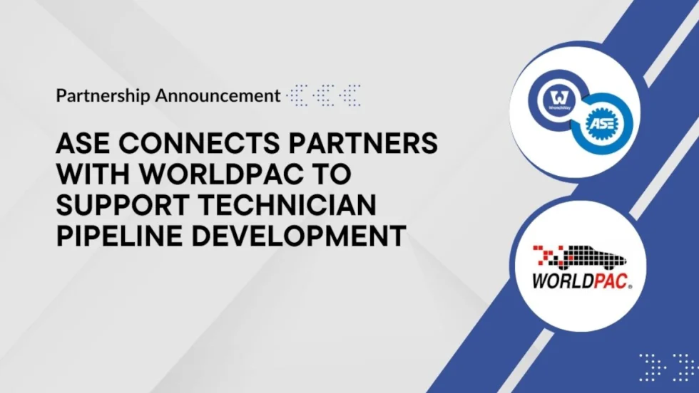 Gray and blue graphic background with wording ASE Connects Partners with WorldPac to Support Technician Pipeline Development.