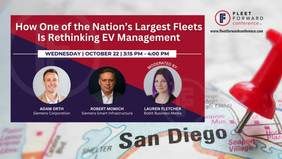 San Diego Map graphic with pin and speaker list for Fleet Forward Conference Session and bio phots. 