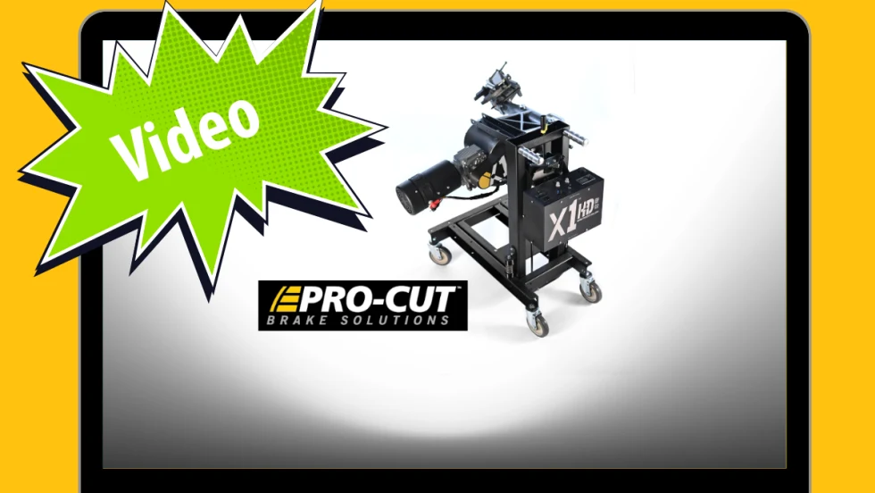 Yellow background, inset computer screen with mage of a brake lathe and logo for Pro-Cut and green starburst with headline for Video.