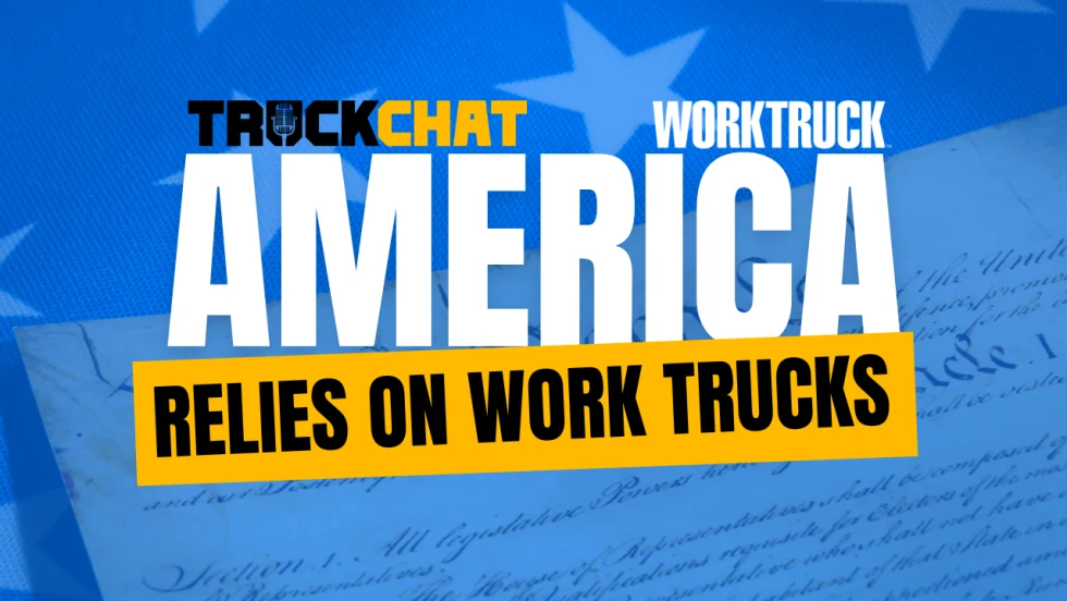 Graphic reading “America Relies on Work Trucks” with U.S. flag imagery and Work Truck branding, representing 250 years of work truck and fleet evolution in America.