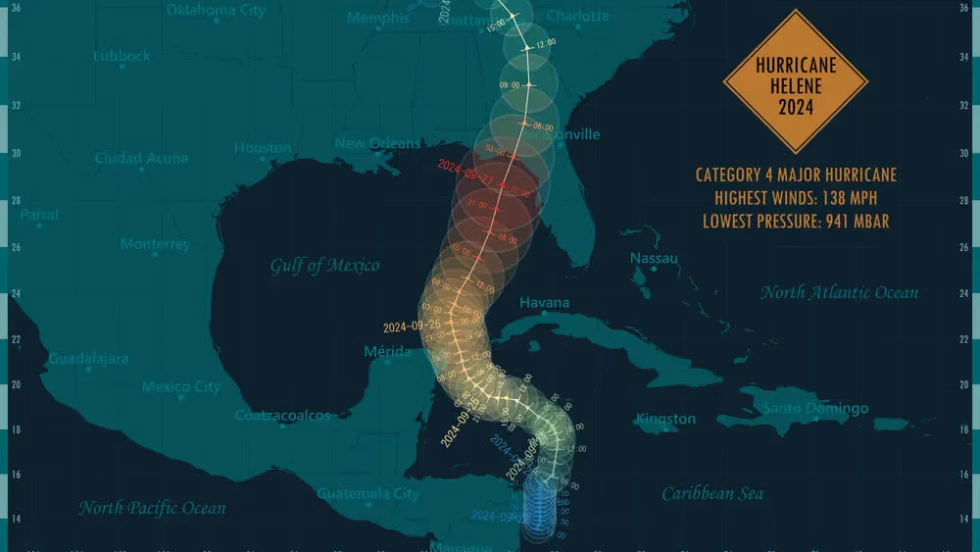 Tracking map of Hurricane Helene’s landfall and path through the southeastern U.S., illustrating storm intensity and regional impact zones.