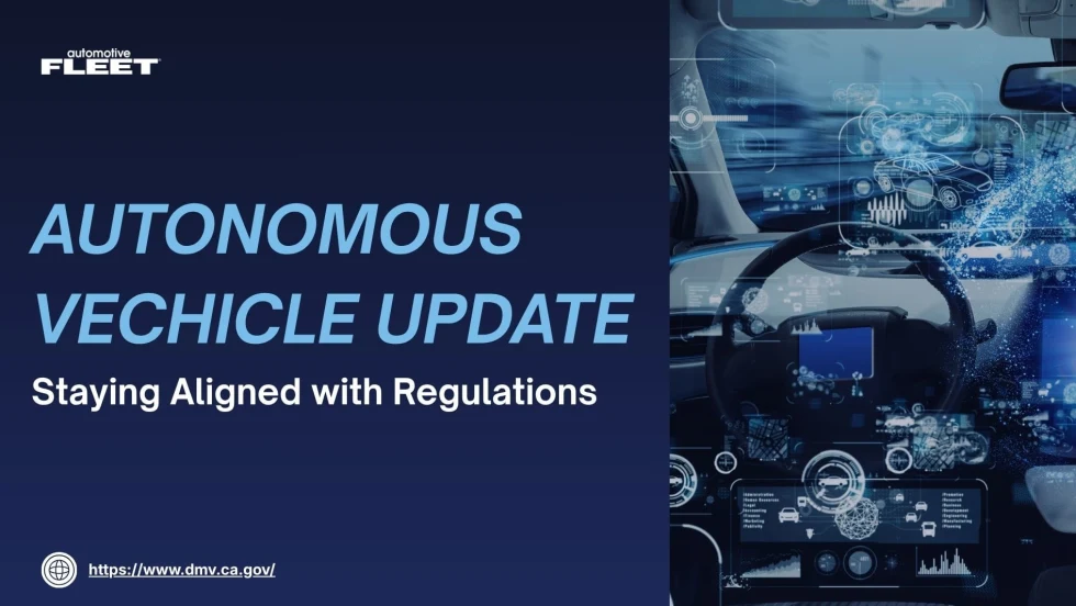 Graphic announcing California DMV autonomous vehicle regulation updates with futuristic self-driving car dashboard visuals and text about staying aligned with regulations.