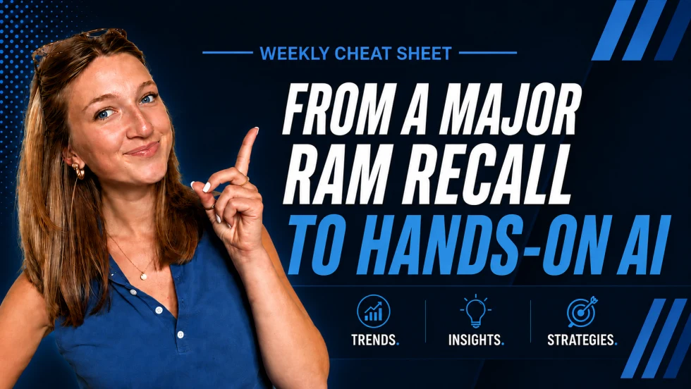 A blue and white AF news recap thumbnail on Ram recalls and hands-on AI