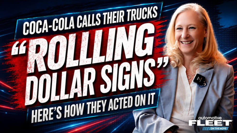 Coca-Cola fleet executive smiling beside graphic text reading “Rolling Dollar Signs” about the company’s trucking and fleet strategy.