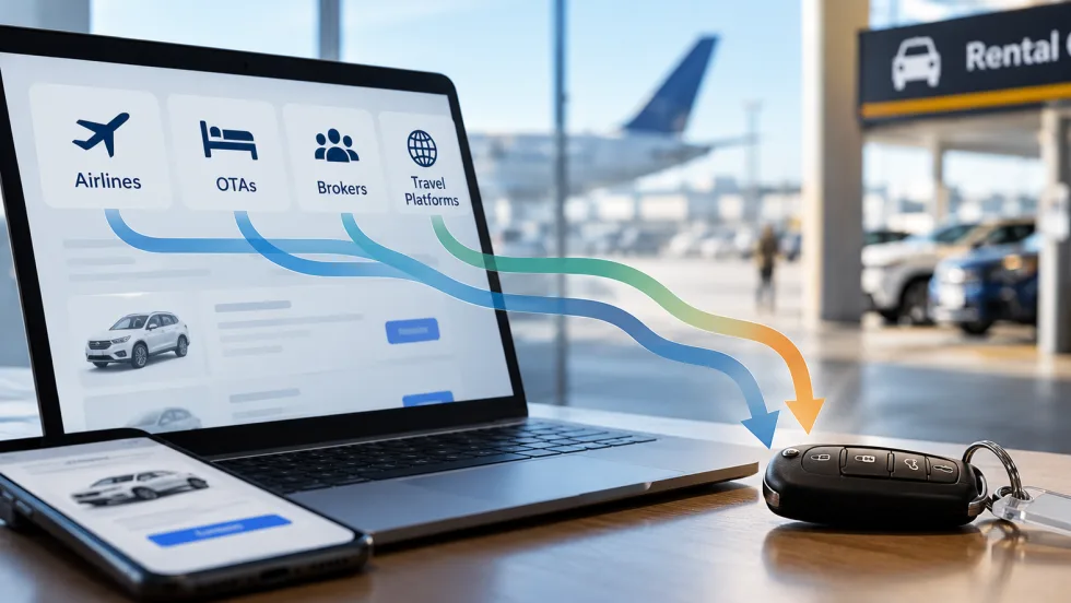 a laptop shows different connectivity paths for car rental supply