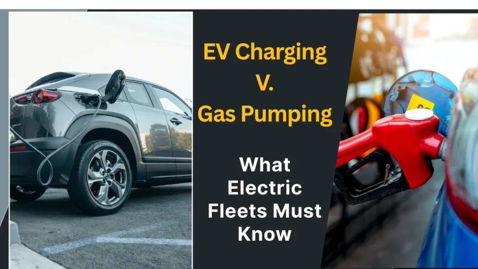 Photo illustration of a gray hatchback EV charging and a gas vehicle filling up.