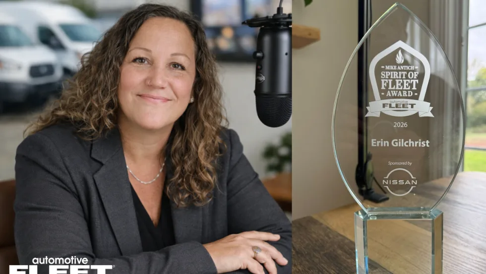 Erin Gilchrist poses next a podcast mic on the left side of an image with the Mike Antich Apirit of Fleet award image on the right. 