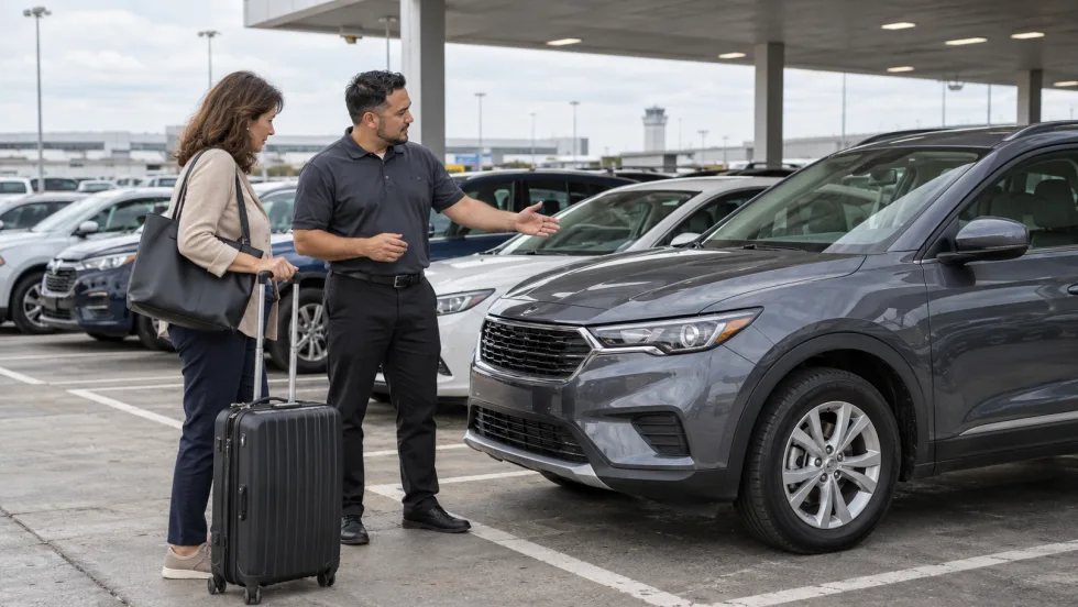 Rental car agent shows woman her choice of rental car