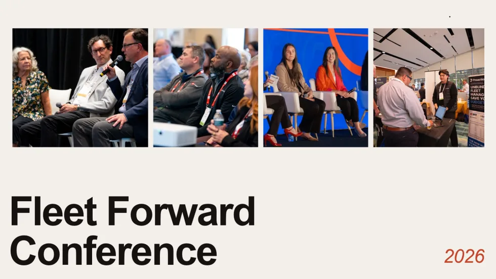 Photos on the top show attendess of the 2026 Fleet Forward Conference sitting on stage