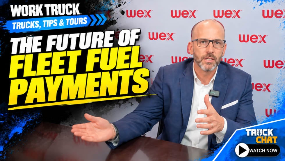 Work Truck Trucks, Tips & Tours YouTube thumbnail featuring a WEX representative discussing the future of fleet fuel payments, with a WEX-branded backdrop, bold yellow and white headline, and Truck Chat Watch Now button.