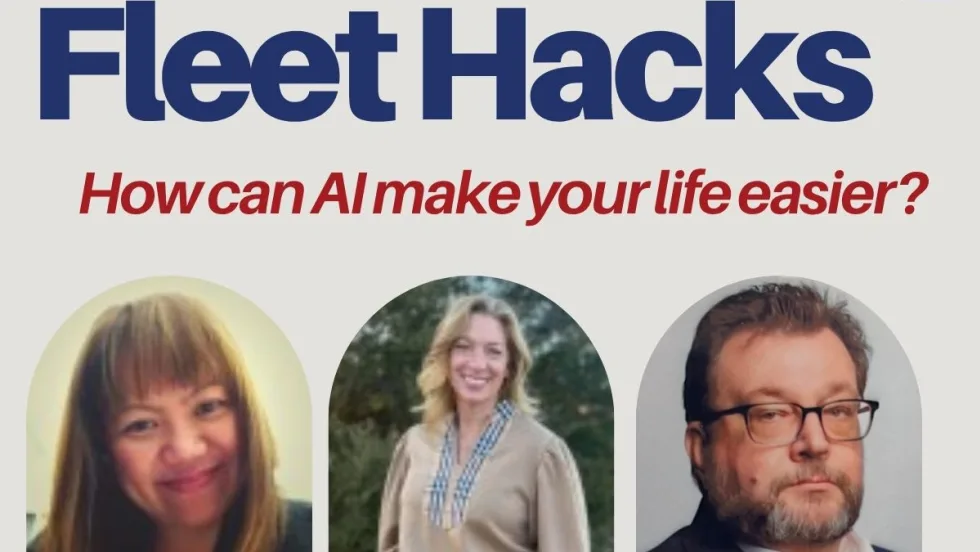 A beige, blue, and red Fleet Hacks graphic with headshots on the bottom row in rounded shape of Lori Olson, Jen VrMeer, and Oleg Cytowicz.