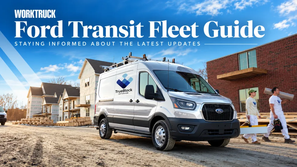 Ford Transit Cargo Van at a construction site with Ford Transit Fleet Guide title text.