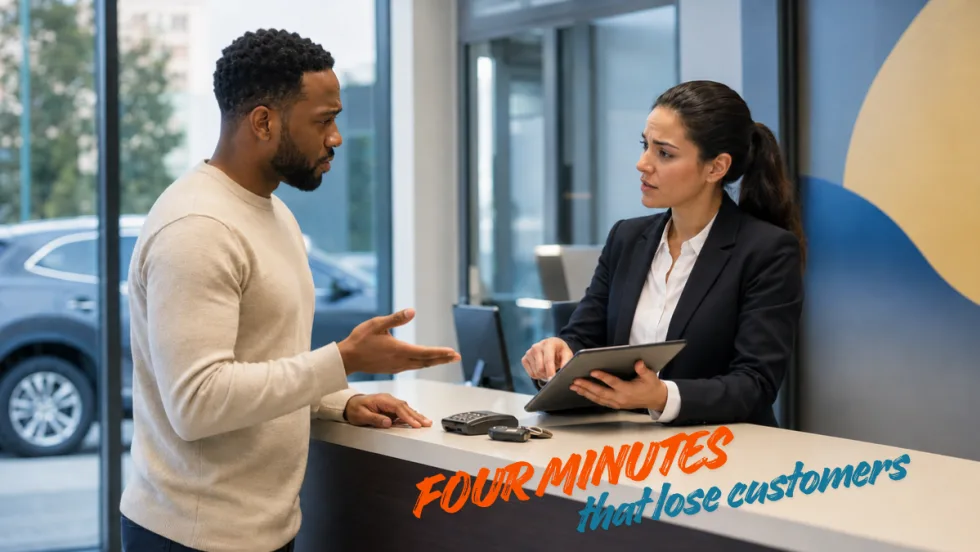 A counter agent chats with a customer over a rental counter