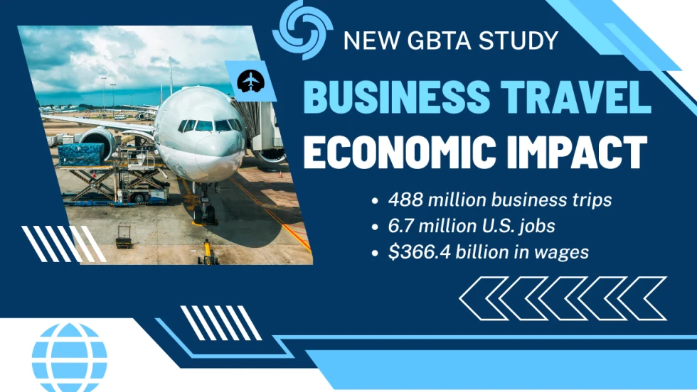 An airplane parked at a gate next to large headline and bullet points about study highlights. 