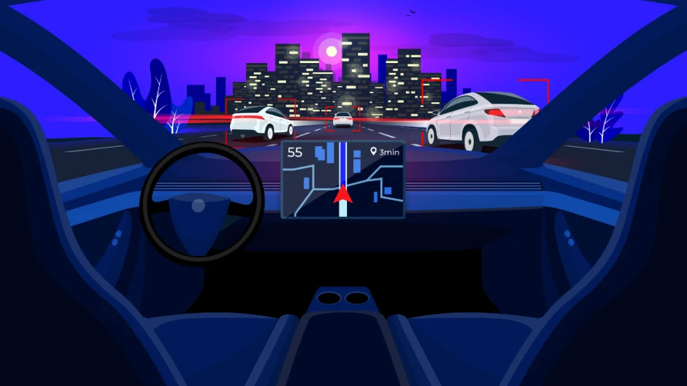 Illustration of a driverless futuristic front seat/dashboard view of other cars on a freeway with city skyline on horizon.