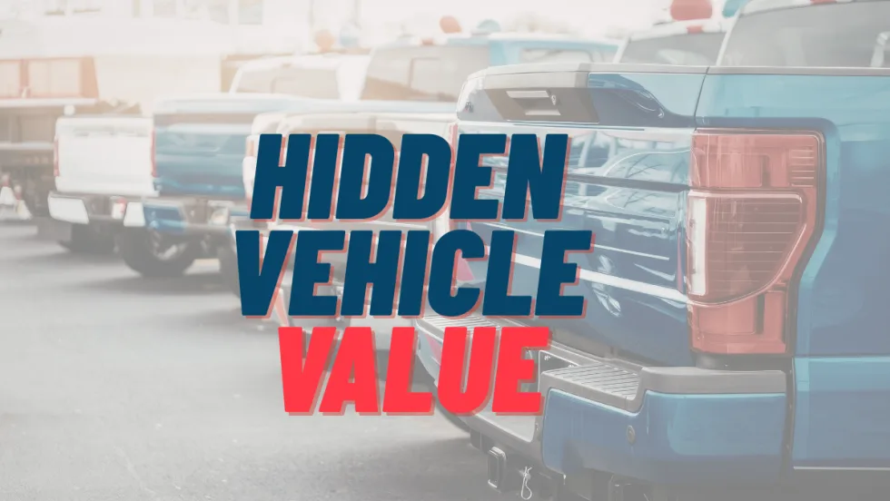 Pickup trucks in a row with overlay "Hidden Vehicle Value"