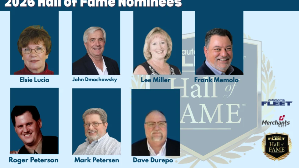 Graphic featuring the seven 2026 Fleet Hall of Fame nominees: Elsie Lucia, John Dmochowsky, Lee Miller, Frank Memolo, Roger Peterson, Mark F. Petersen, and Dave Durepo.