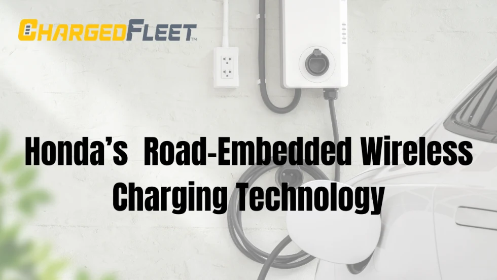 A transparent background of a wireless EV charger with black text over it in the center and the Charged Fleet logo in the top left