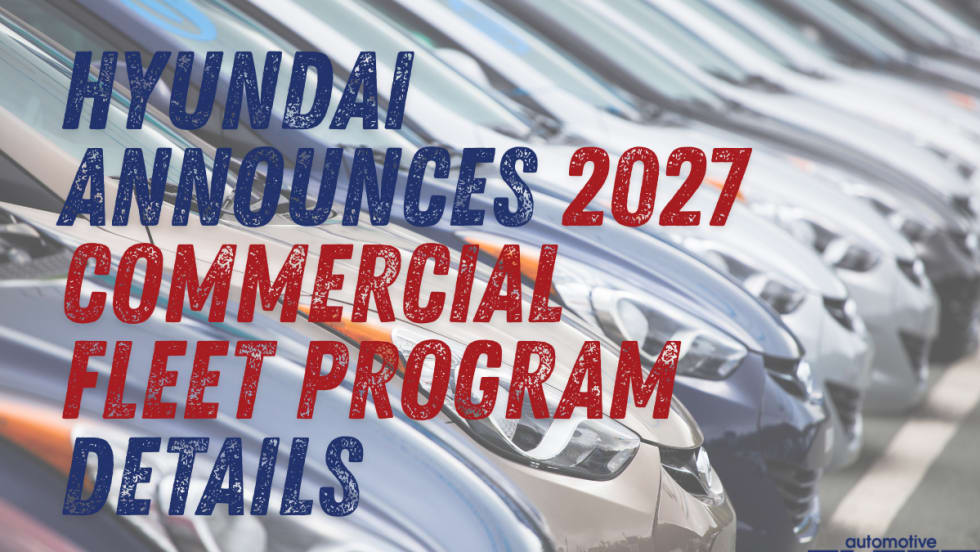 A lineup of Hyundai vehicles with overlay text announcing the 2027 Commercial Fleet Program, highlighting new fleet incentives for eligible commercial and government buyers.