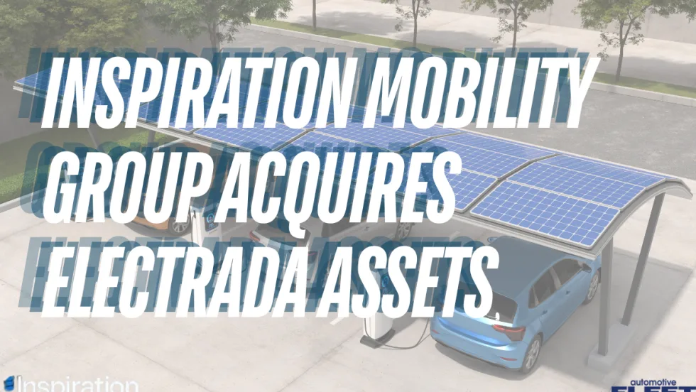 Rendering of electric vehicles charging beneath a solar-panel canopy, illustrating Inspiration Mobility Group’s acquisition of Electrada assets to expand commercial fleet electrification services.