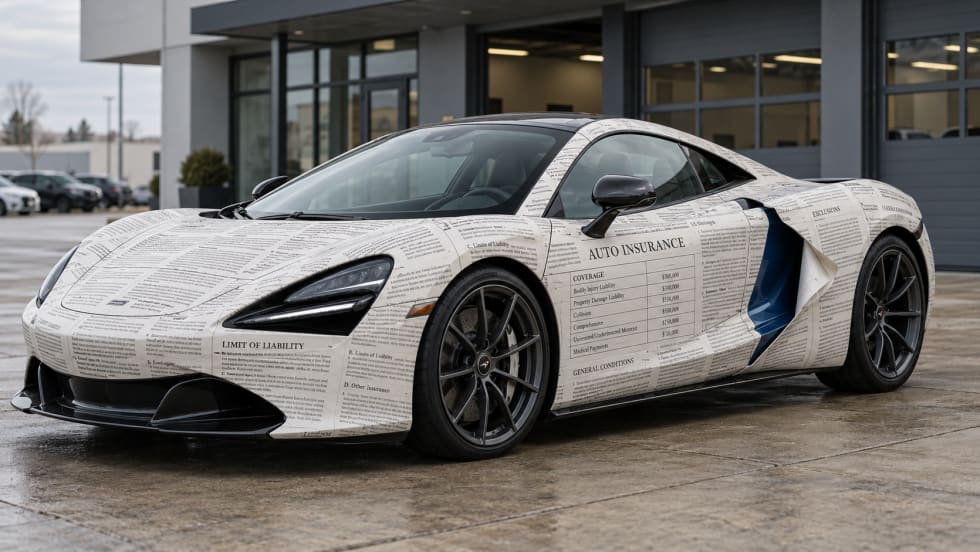an exotic car wrapped in an insurance policy
