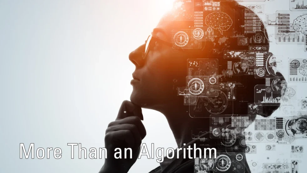 a woman with glasses and More Than an Algorithm text overlay