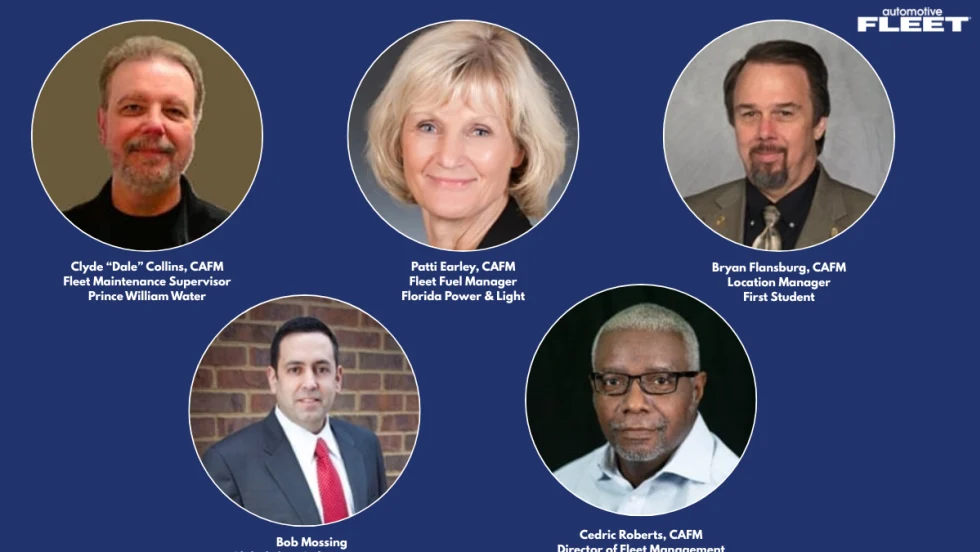 Composite graphic featuring portraits of NAFA’s 2026 Fellows: Clyde “Dale” Collins, Patti Earley, Bryan Flansburg, Bob Mossing and Cedric Roberts, recognized for fleet leadership and service.
