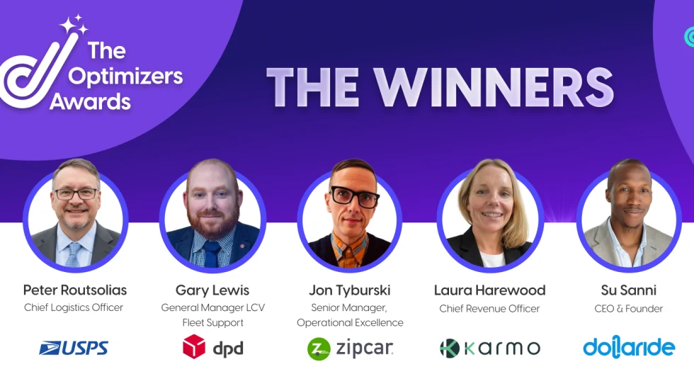 Graphic announcing the 2026 Autofleet Optimizers Awards winners, featuring headshots of leaders from USPS, DPD UK, Zipcar, Karmo, Dollaride, and Kari Ride Hailing.