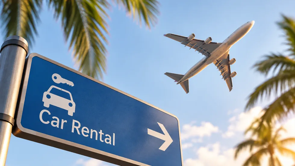 plane, palm trees, car rental sign