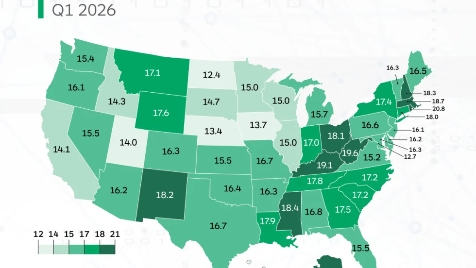 50 states map showing LOR rates for each state with different shades of light to dark green