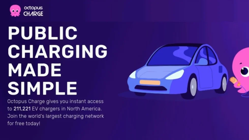 A blue car and a pink octopus sit next to each other on a graphic for Octopus Charging