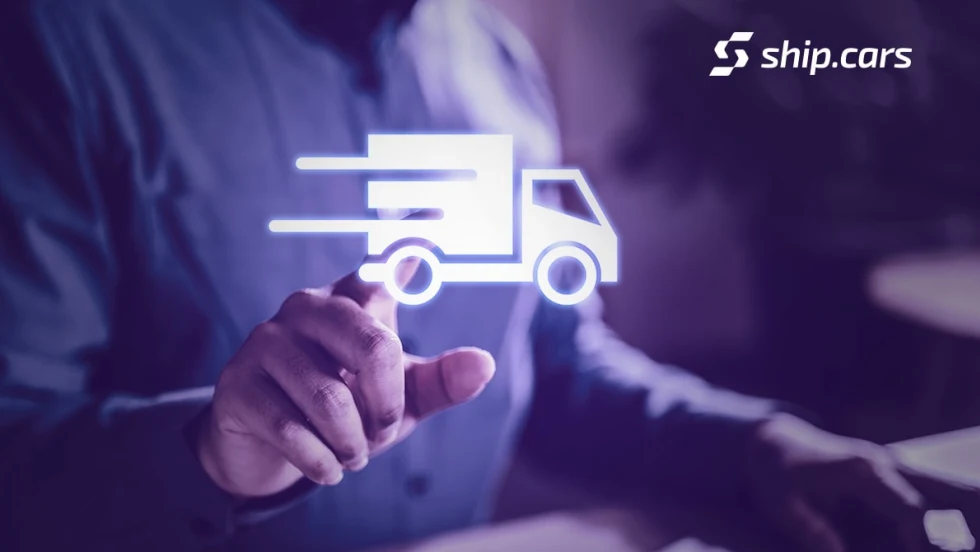 A man standing in front of transparent tech screen with a the outline of a delivery truck.