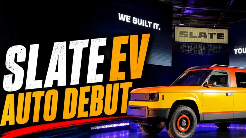 A photo illustration with a yellow slate vehicle next to an oversized headline about Slate's debut.