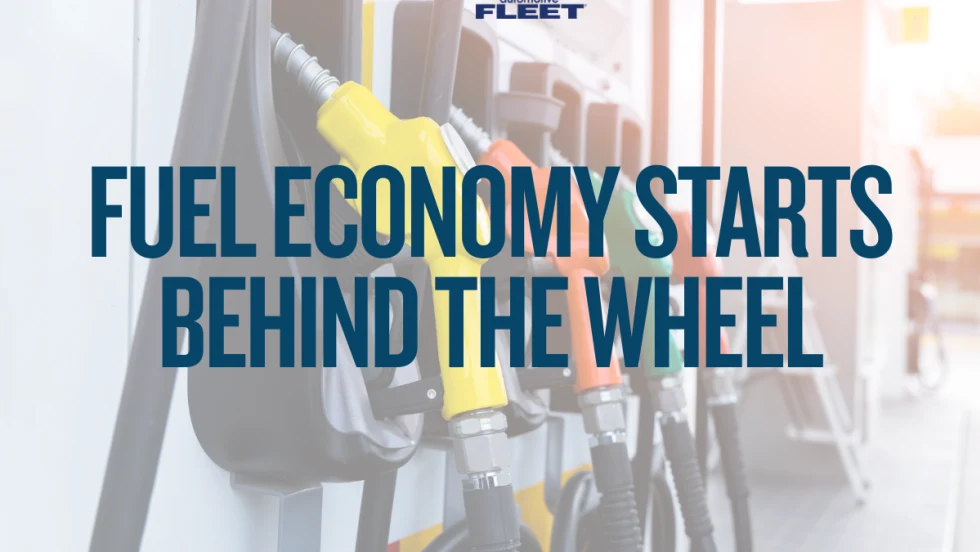 A line of fuel handles at the gas station is overlayed by the text "Fuel Economy Starts Behind the Wheel" representing that fuel saving starts with driver behavior.