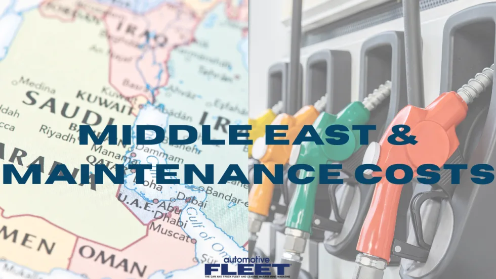 Map of the Middle East beside fuel pump nozzles illustrating how regional supply disruptions are increasing fuel prices and raising fleet maintenance costs for petroleum-based products.